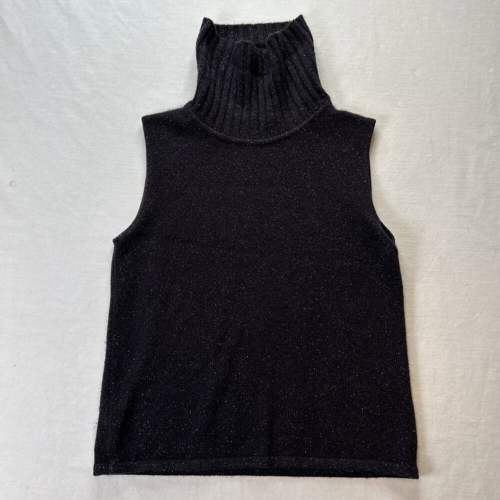 Jaeger Womens Black Sparkles Sleeveless Turtleneck Sweater Vest Medium Wool Blen